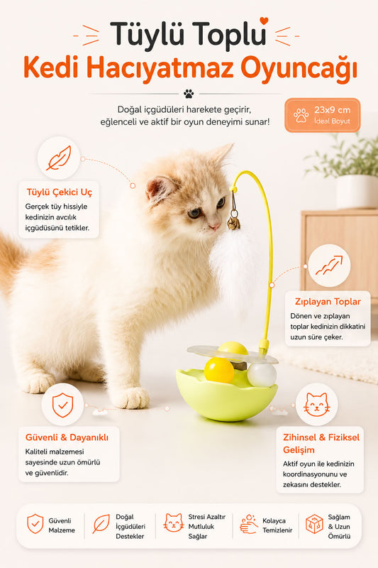 Toplu tüylü interaktif hacıyatmaz kedi oyuncağı, 23x9 cm ölçülü, hareketli toplu, tüylü uçlu, kedilerin takip, patileme ve aktif oyun davranışlarını destekleyen oyuncak