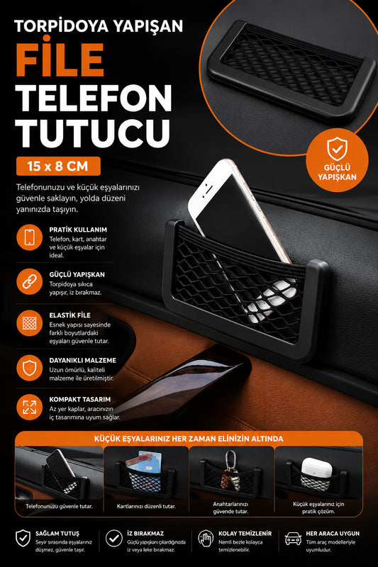Torpidoya yapışan file telefon tutucu 15x8 cm, araç içinde telefon, kart, anahtar ve küçük eşyaları düzenleyen pratik oto aksesuar