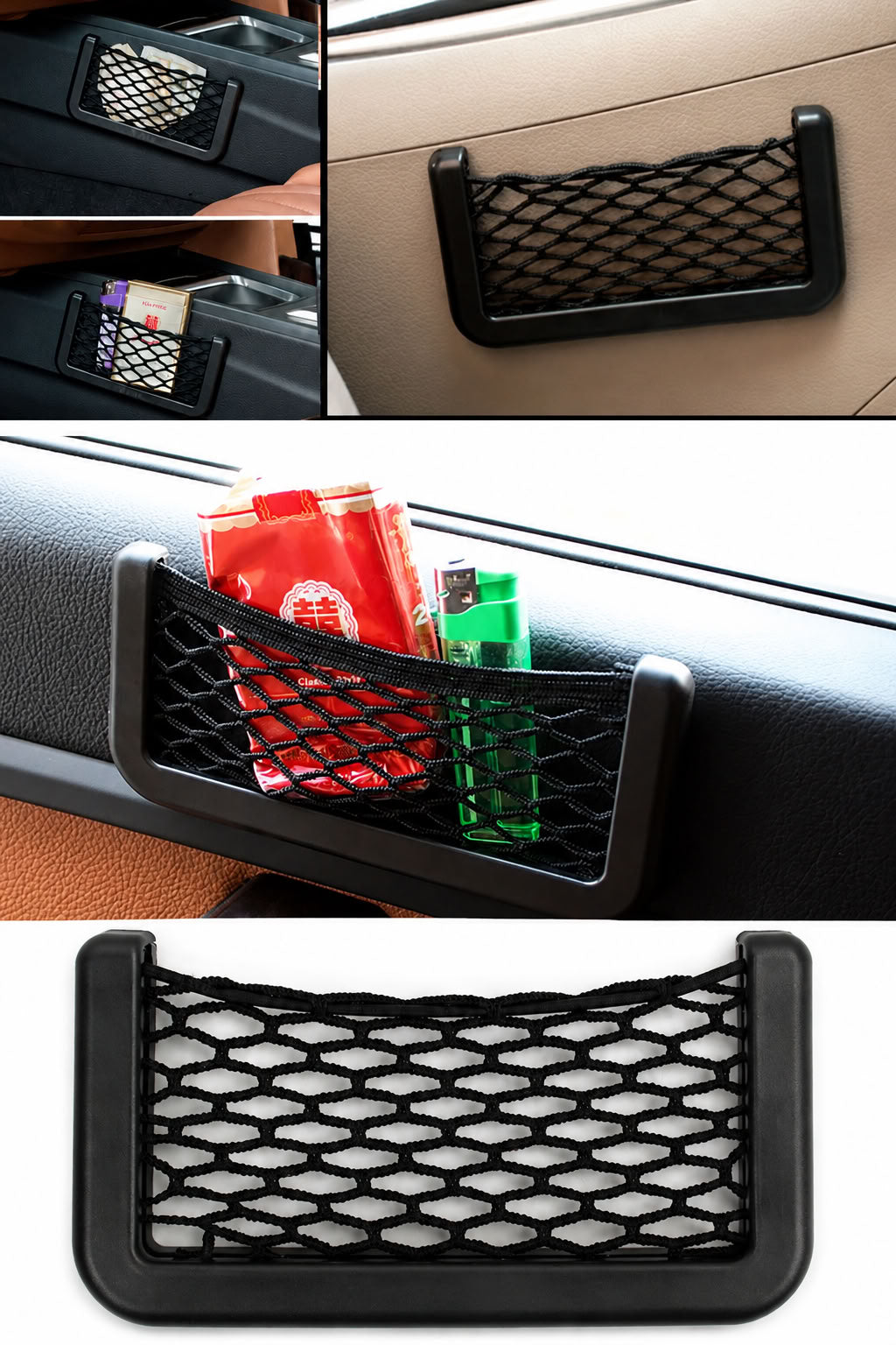 Torpidoya yapışan file telefon tutucu 15x8 cm, araç içinde telefon, kart, anahtar ve küçük eşyaları düzenleyen pratik oto aksesuar
