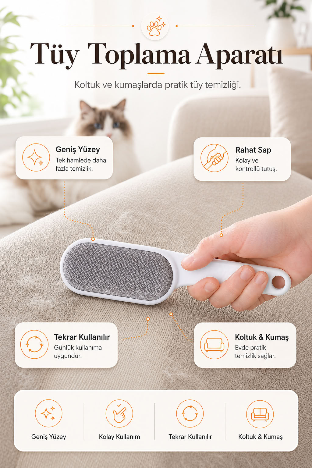 Tüy toplama aparatı, koltuk ve kumaş yüzeylerdeki kedi köpek tüylerini temizlemeye yardımcı, geniş yüzeyli, rahat saplı ve tekrar kullanılabilir tüy temizleyici