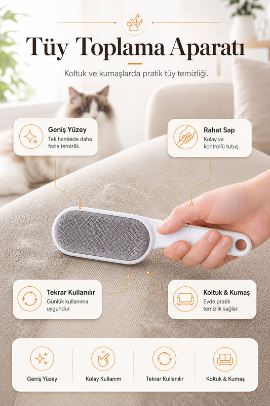 Tüy toplama aparatı, koltuk ve kumaş yüzeylerdeki kedi köpek tüylerini temizlemeye yardımcı, geniş yüzeyli, rahat saplı ve tekrar kullanılabilir tüy temizleyici