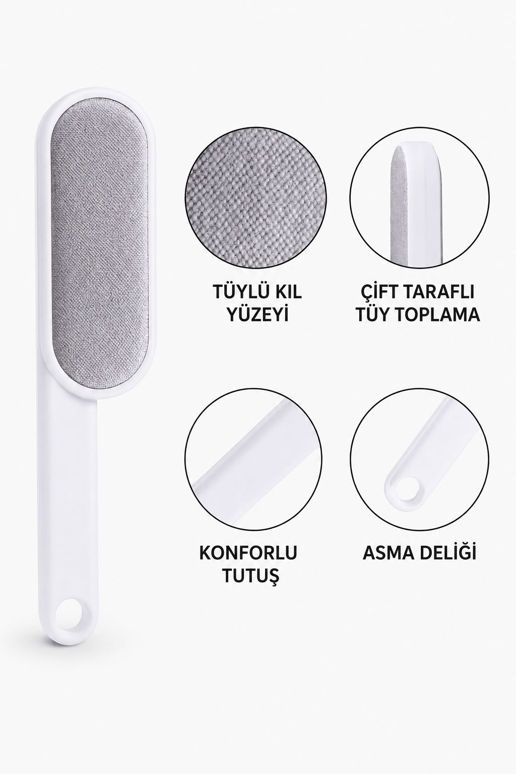 Tüy toplama aparatı, koltuk ve kumaş yüzeylerdeki kedi köpek tüylerini temizlemeye yardımcı, geniş yüzeyli, rahat saplı ve tekrar kullanılabilir tüy temizleyici