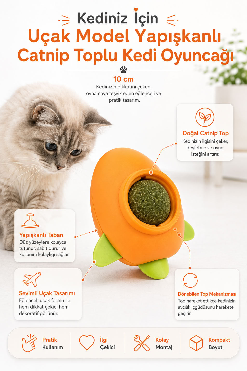 Uçak model yapışkanlı catnip toplu kedi oyuncağı 10 cm, kedi nanesi topu ve dönebilen yalama oyuncaklı interaktif kedi oyuncağı