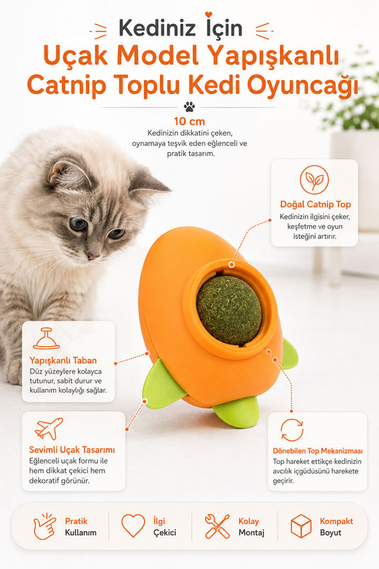 Uçak model yapışkanlı catnip toplu kedi oyuncağı 10 cm, kedi nanesi topu ve dönebilen yalama oyuncaklı interaktif kedi oyuncağı