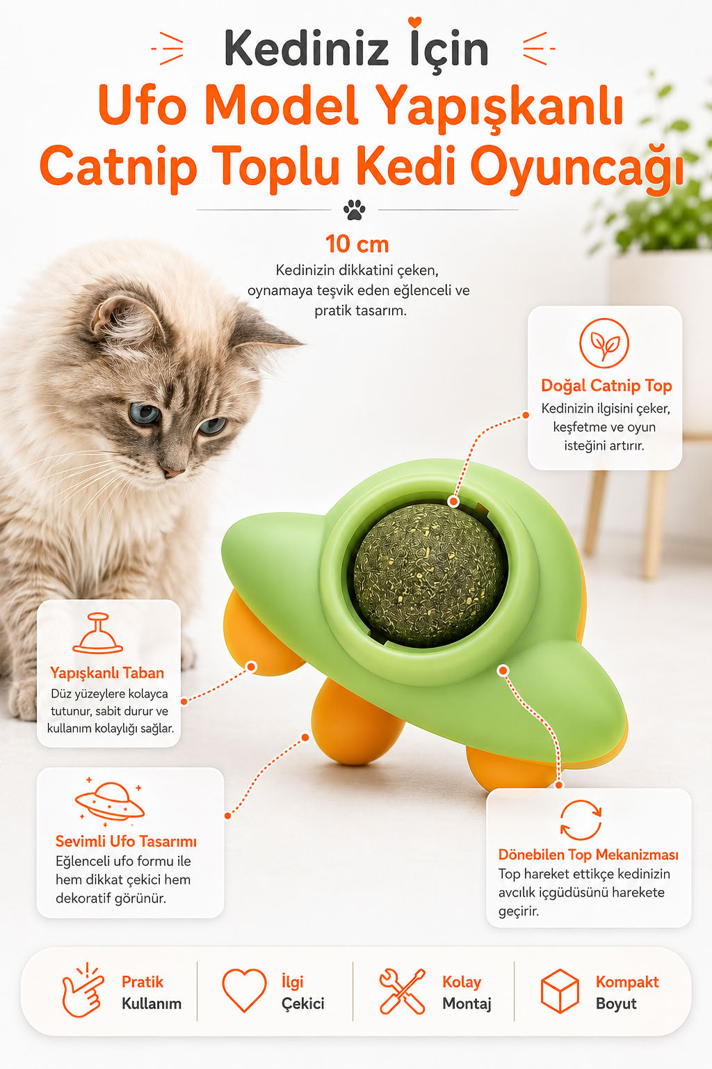 Ufo model yapışkanlı catnip toplu kedi oyuncağı 10 cm, duvara yapışan kedi nanesi topu ve interaktif kedi yalama oyuncağı