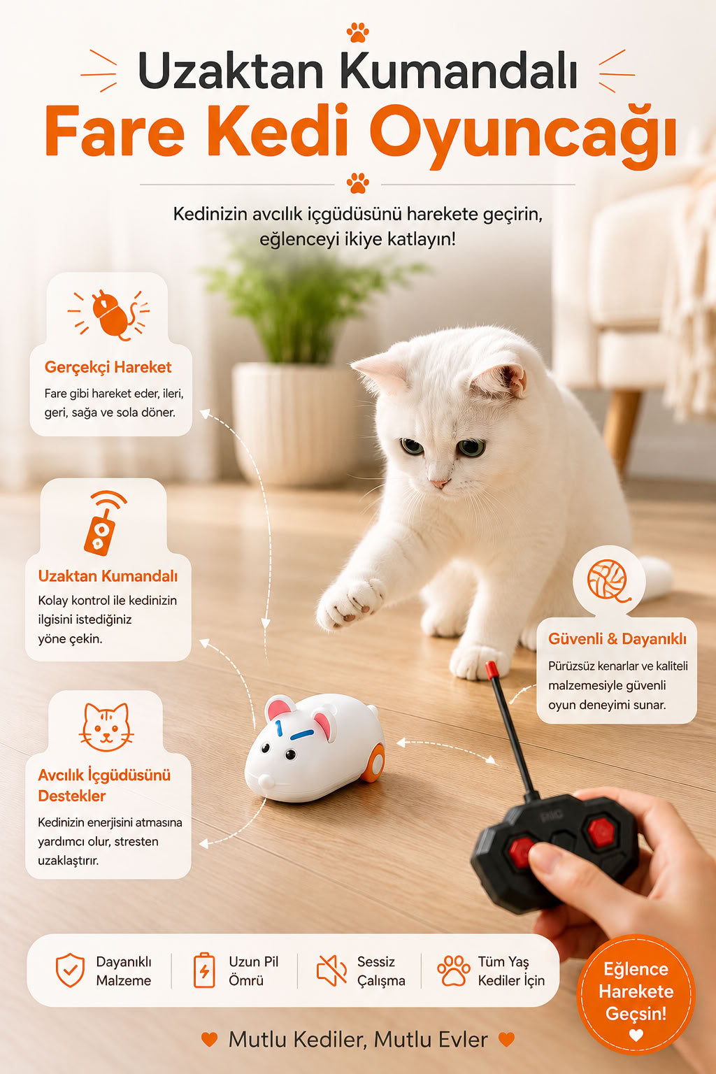 Uzaktan kumandalı fare kedi oyuncağı, gerçekçi hareket eden sessiz çalışan interaktif oyuncak, kedilerin takip, kovalamaca ve av oyunlarını destekleyen evcil hayvan oyuncağı