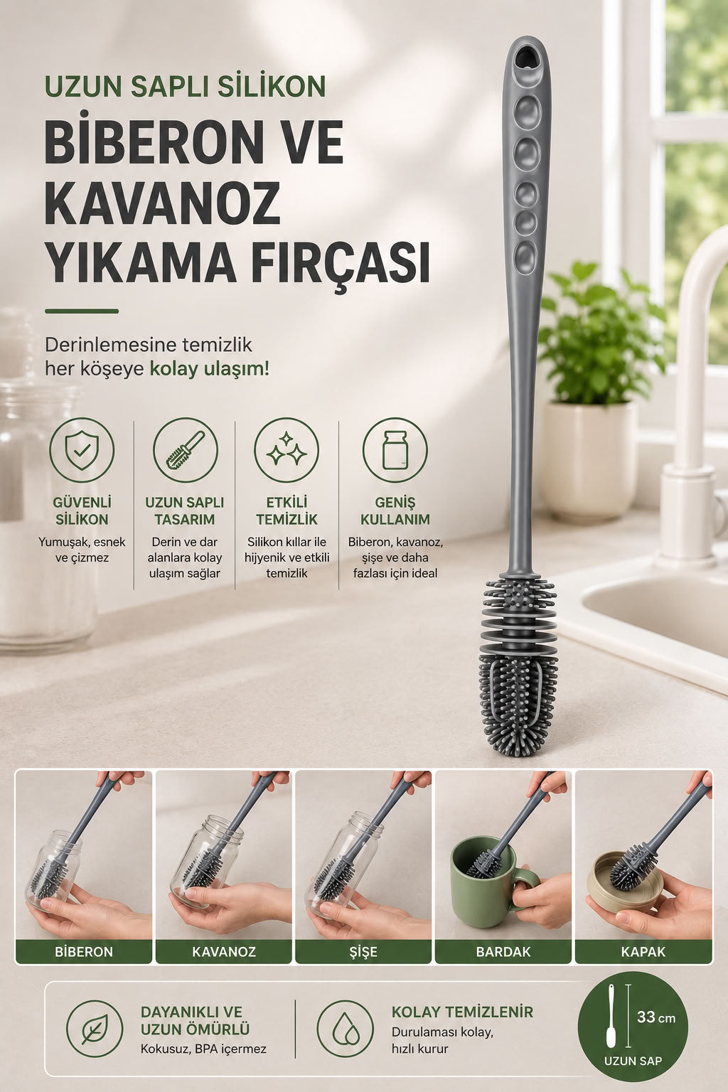 Uzun saplı silikon biberon ve kavanoz yıkama fırçası 33 cm, şişe bardak kapak temizleme için BPA içermez mutfak aparatı