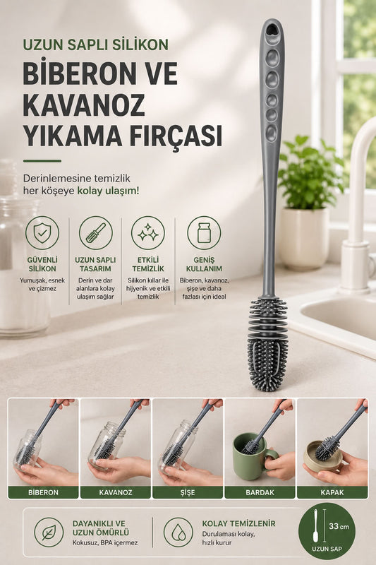 Uzun saplı silikon biberon ve kavanoz yıkama fırçası 33 cm, şişe bardak kapak temizleme için BPA içermez mutfak aparatı