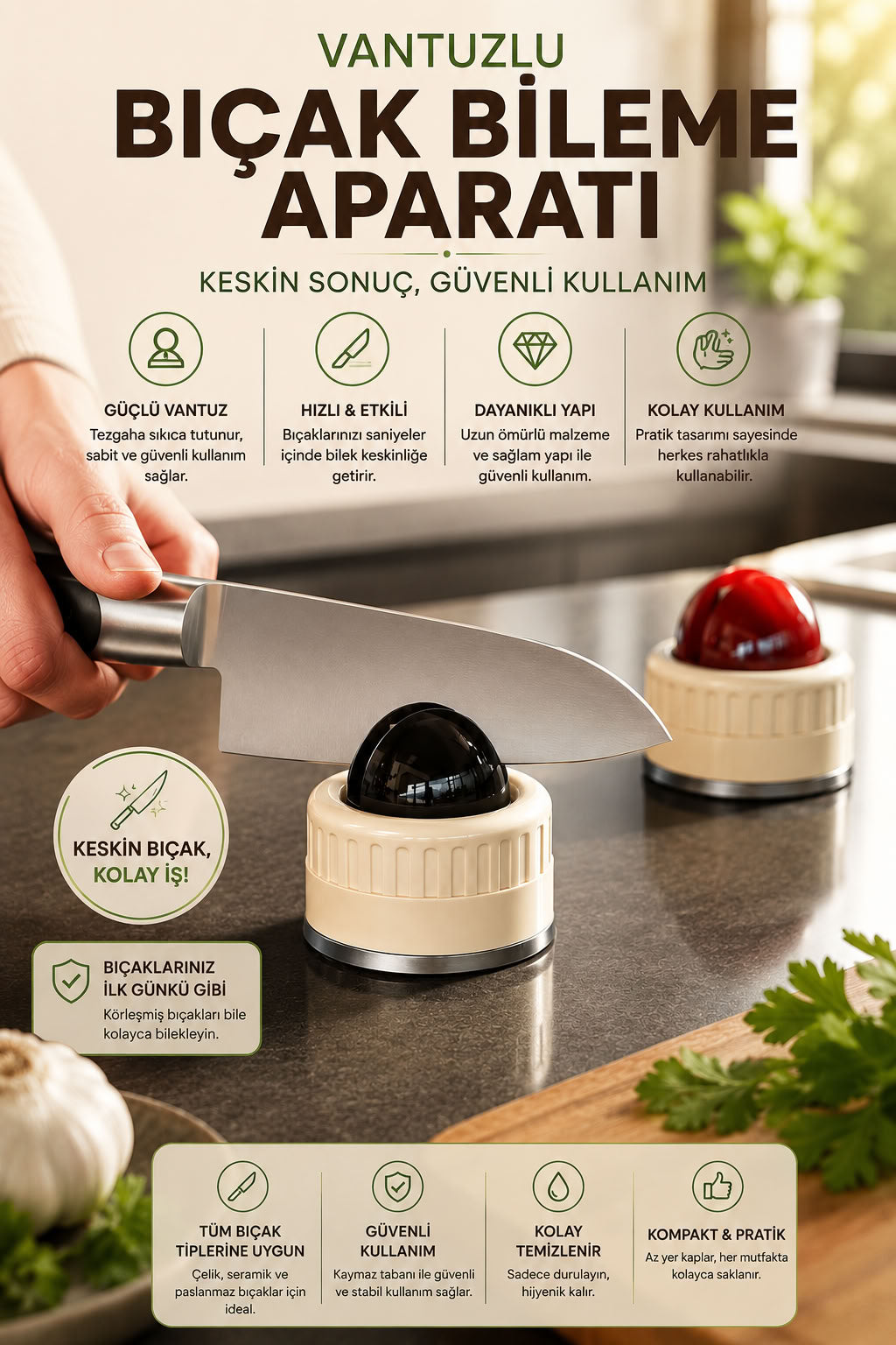 Vantuzlu bıçak bileme aparatı, tezgah üstü kaymaz tabanlı mutfak bıçak bileyici, kompakt güvenli bileme aleti