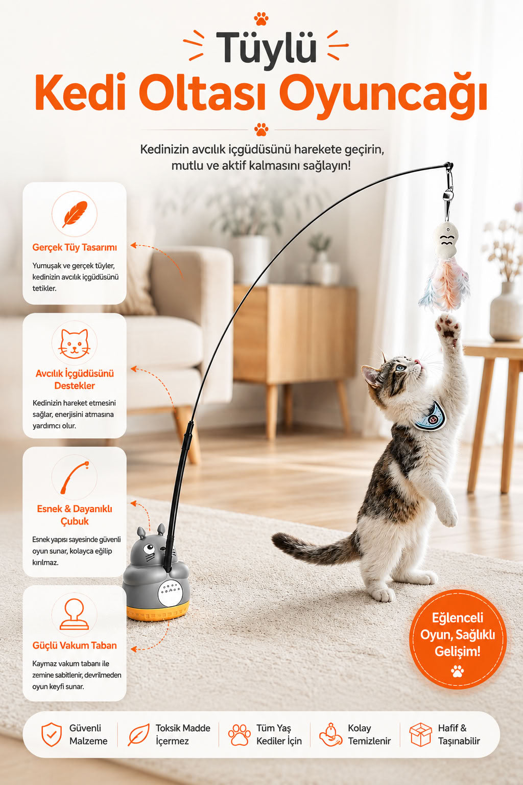 Vantuzlu tüylü kedi oltası oyuncağı, gerçek tüy uçlu, esnek çubuklu, güçlü vakum tabanlı, kedilerin zıplama, takip ve avcılık oyunlarını destekleyen interaktif oyuncak