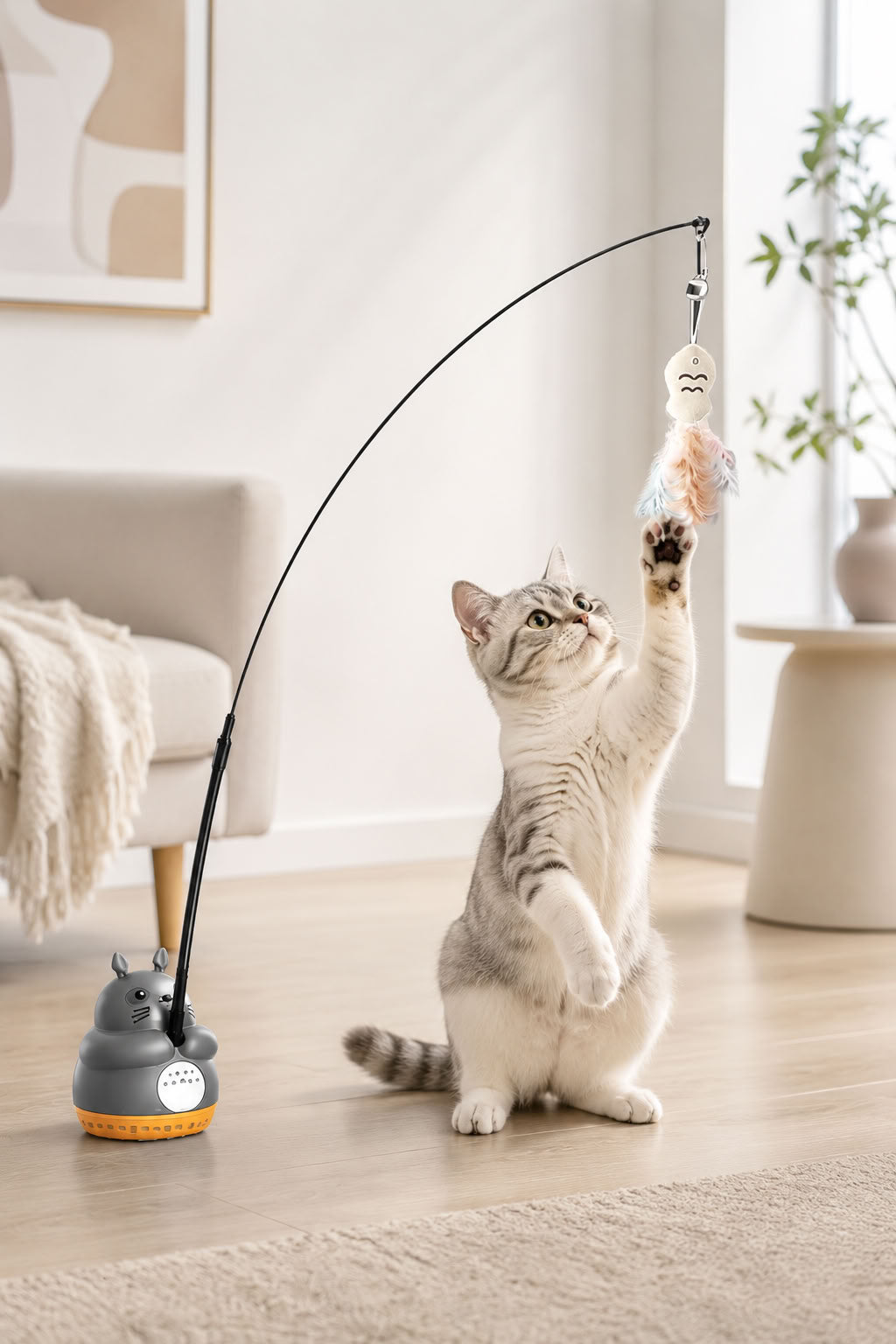 Vantuzlu tüylü kedi oltası oyuncağı, gerçek tüy uçlu, esnek çubuklu, güçlü vakum tabanlı, kedilerin zıplama, takip ve avcılık oyunlarını destekleyen interaktif oyuncak