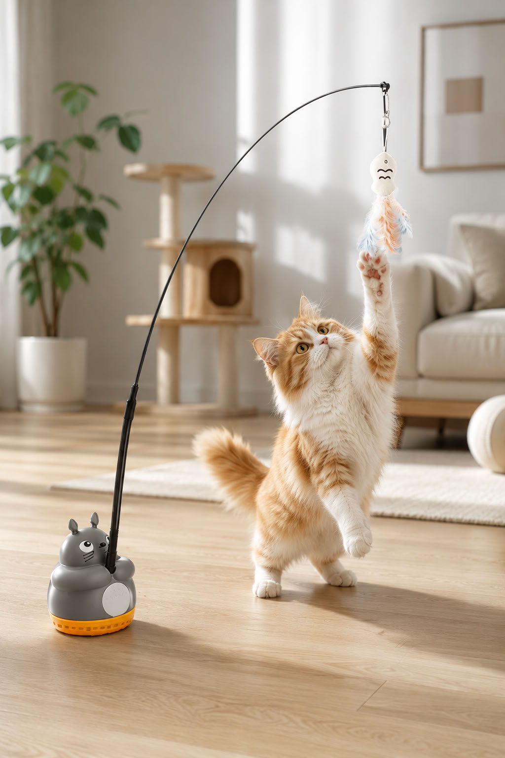 Vantuzlu tüylü kedi oltası oyuncağı, gerçek tüy uçlu, esnek çubuklu, güçlü vakum tabanlı, kedilerin zıplama, takip ve avcılık oyunlarını destekleyen interaktif oyuncak