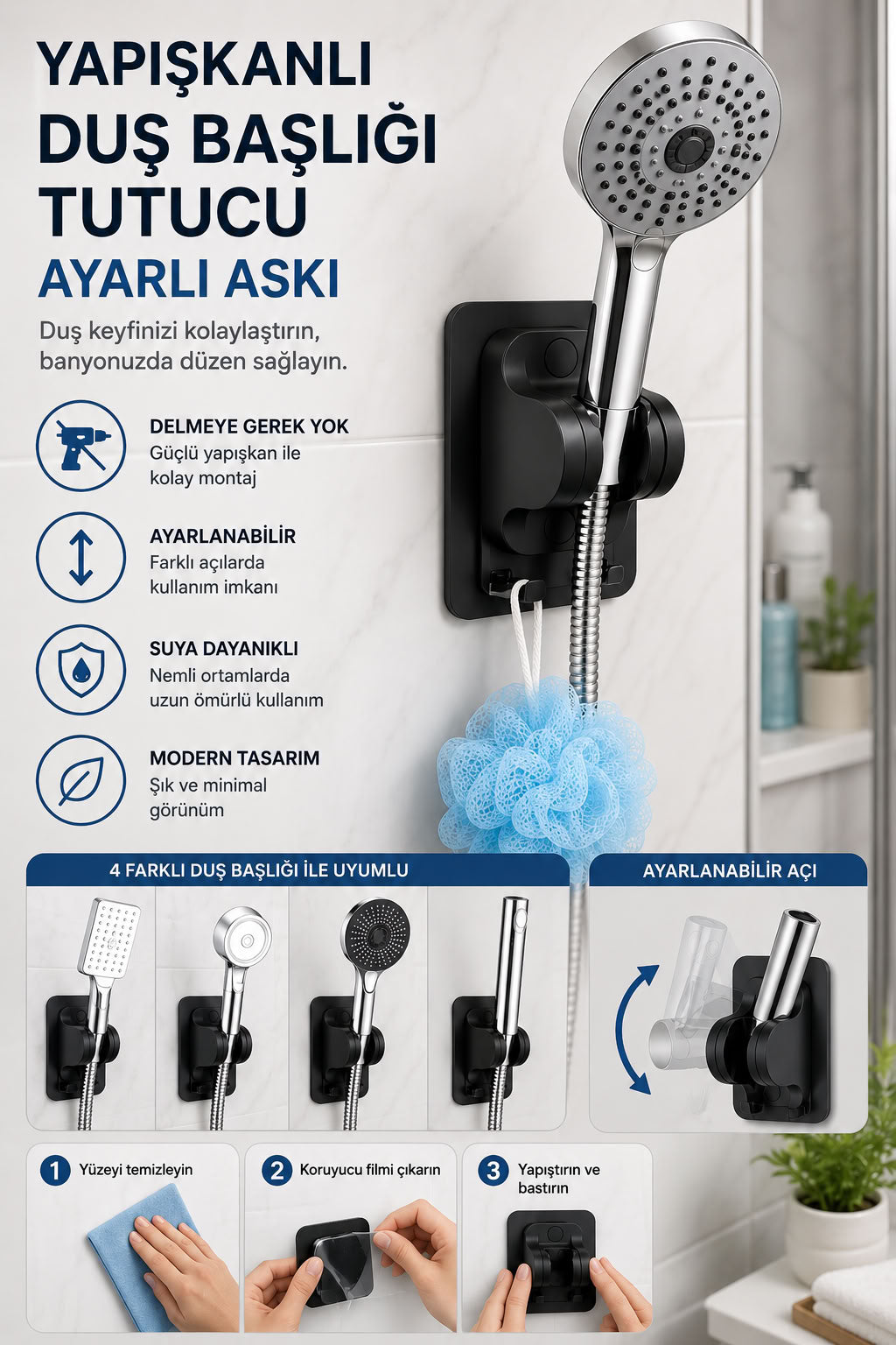 Yapışkanlı duş başlığı tutucu ayarlı askı, delmeden monte edilen suya dayanıklı banyo duş başlığı askısı ve duş aparatı